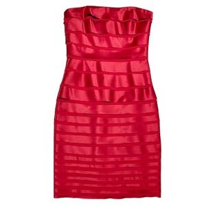 White House Black Market Strapless Tiered Satin & Chiffon Red Sheath Dress Sz 6